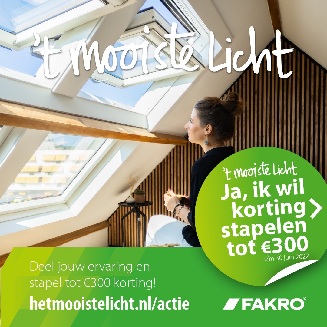 fakronl's tweet photo. Dit is je kans om ’t mooiste licht in huis te halen!

Vanaf vandaag kan je gebruik maken van onze stapelkortingsactie. Zo haal je nu een dakraam of platdakraam in huis met flinke korting! Stapel tot en met 30 juni 2022 tot een maximale korting van €300. https://t.co/W0AdAUL9cC