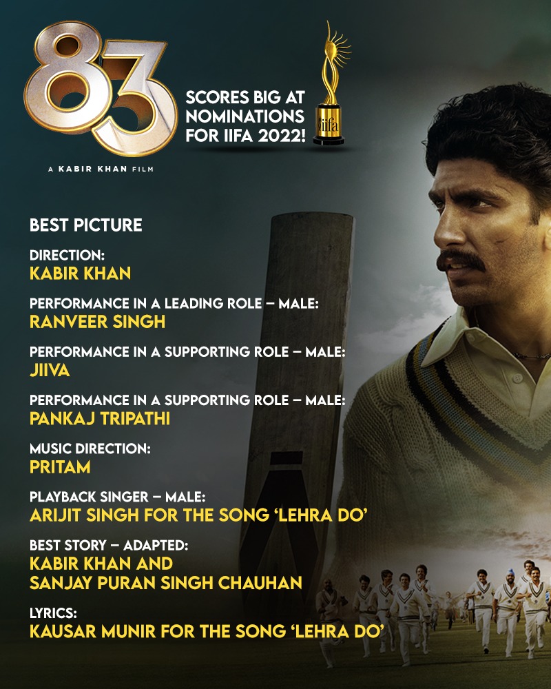 83thefilm's tweet photo. 83 garners 9 nominations at #IIFA2022 Awards! 
Global Voting is now live: https://t.co/5TpN3xecxU
Vote now and show your love for Team 83! ❤️
#ThisIs83
@IIFA 

@kabirkhankk @RanveerOfficial @ikamalhaasan @iamnagarjuna @KicchaSudeep @PrithviOfficial @RKFI @AnnapurnaStdios https://t.co/E2SMSTDwhI