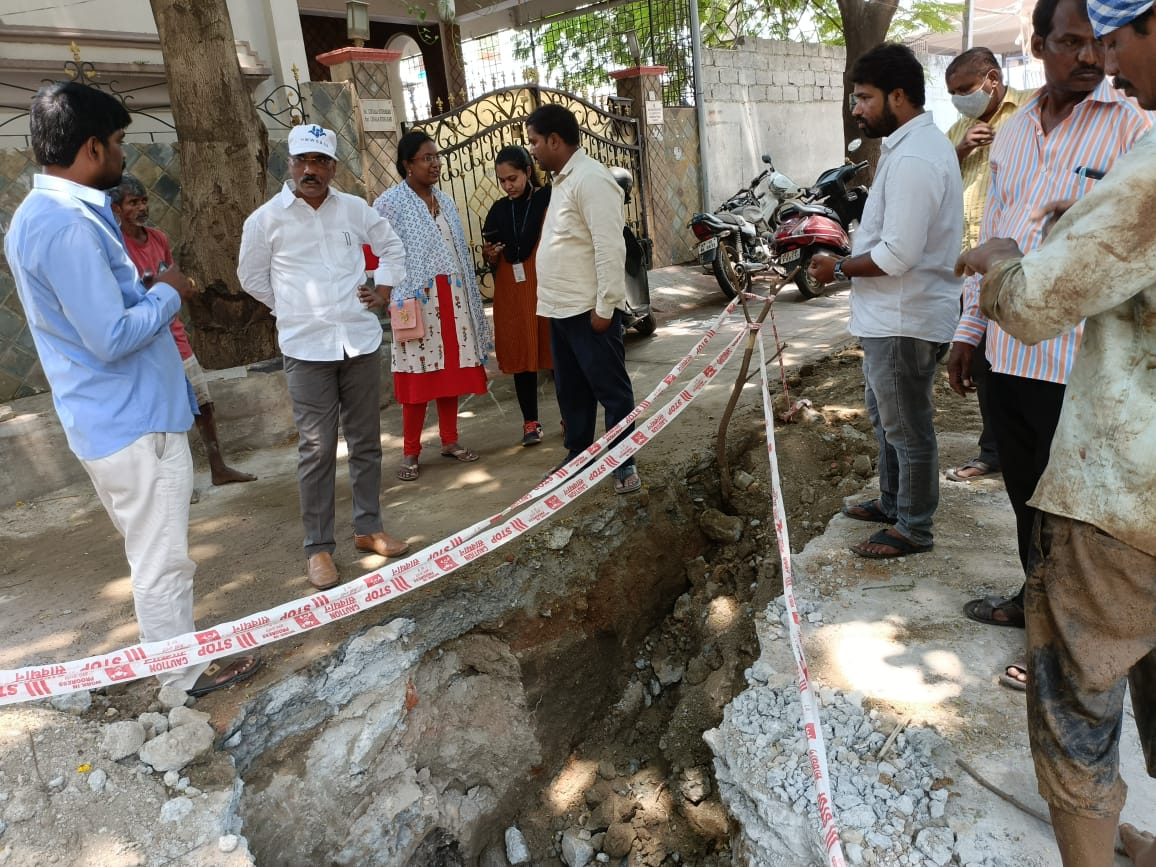 Sir, Inspecting Laying of 300 mm dia SWG Sewer Line at Madhura Nagar along with Manager under Srinivas Nagar Section,Dn.7.