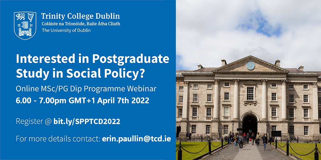 Discover more about @tcddublin's online postgraduate courses in Social Work and Social Policy with a free information webinar on Thursday 7th April at 6.00pm GMT+1. #thinktrinity #postgraduate #socialwork bit.ly/SPPTCD2022