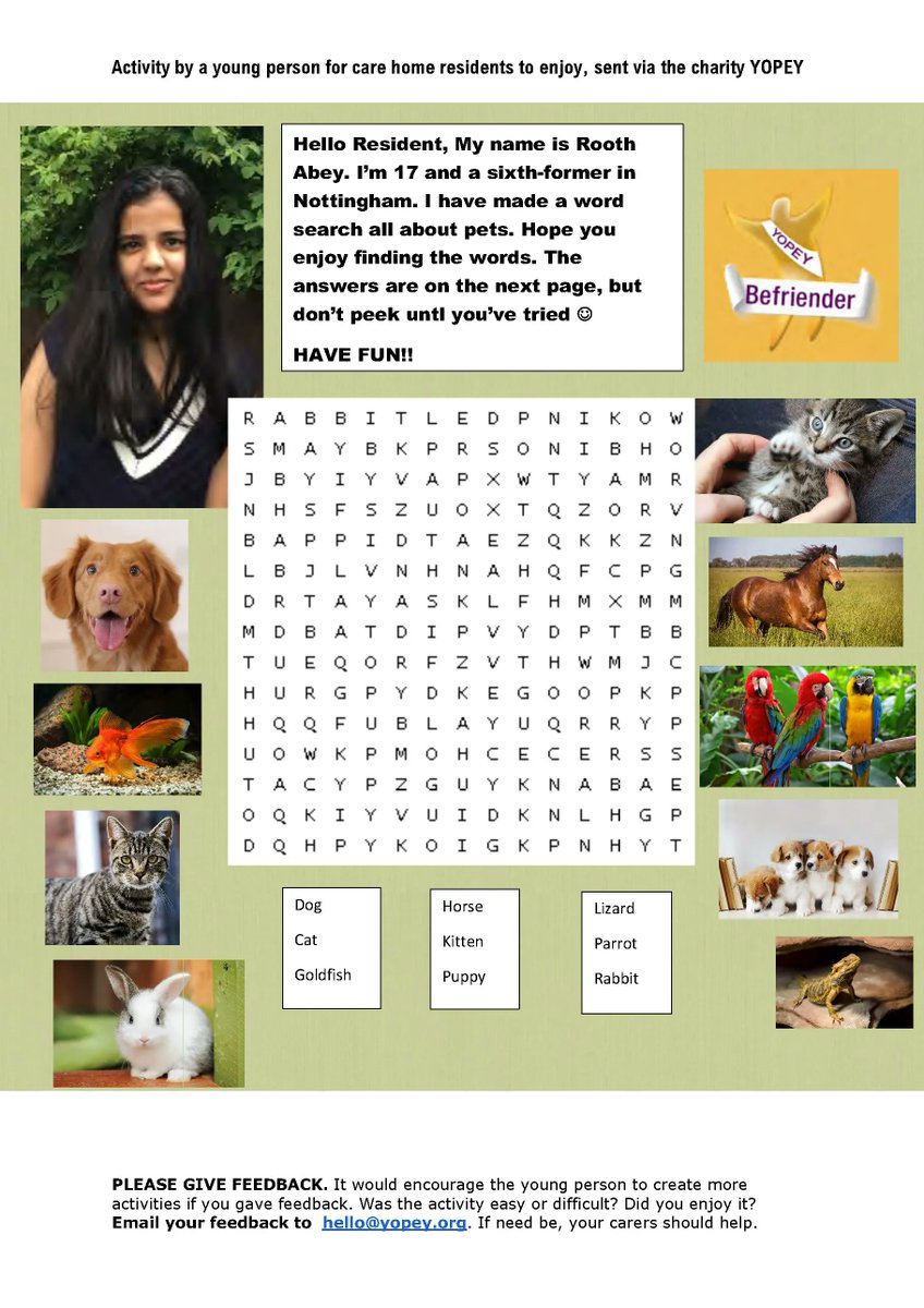 YopeyCharity's tweet photo. IT'S PETS MONTH AT YOPEY

Here's just 2 of the many letters about pets &amp; activities about pets our young Befriender volunteers have put together for elderly people in #carehomes

If you'd like a sample pack for your residents, email hello@yopey.org

#TrulyIntergenerational https://t.co/NDGdAxcYKu