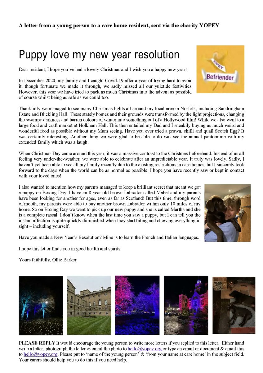 YopeyCharity's tweet photo. IT'S PETS MONTH AT YOPEY

Here's just 2 of the many letters about pets &amp; activities about pets our young Befriender volunteers have put together for elderly people in #carehomes

If you'd like a sample pack for your residents, email hello@yopey.org

#TrulyIntergenerational https://t.co/NDGdAxcYKu