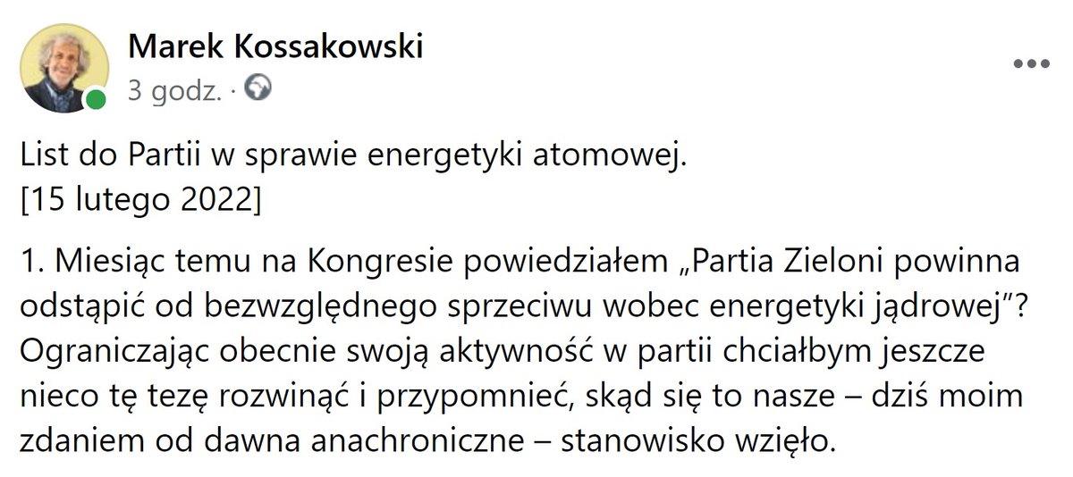 "Zmieścisz się śmiało"

Mój list do <a href="/Zieloni/">Partia Zieloni</a> z apelem o odejście od bezwzględnego sprzeciwu wobec energetyki jądrowej.

facebook.com/marek.kossakow…