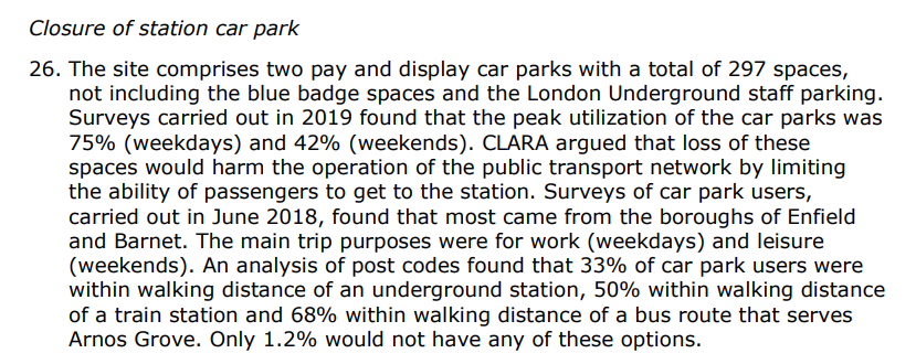 HarryJBennett's tweet photo. This extract from the Arnos Grove Station appeal (ref. 3276466) really shows us how silly some London Council's decision are in relation to loss of car parking in London (both planning and non planning). https://t.co/ZgnMs0eQgD