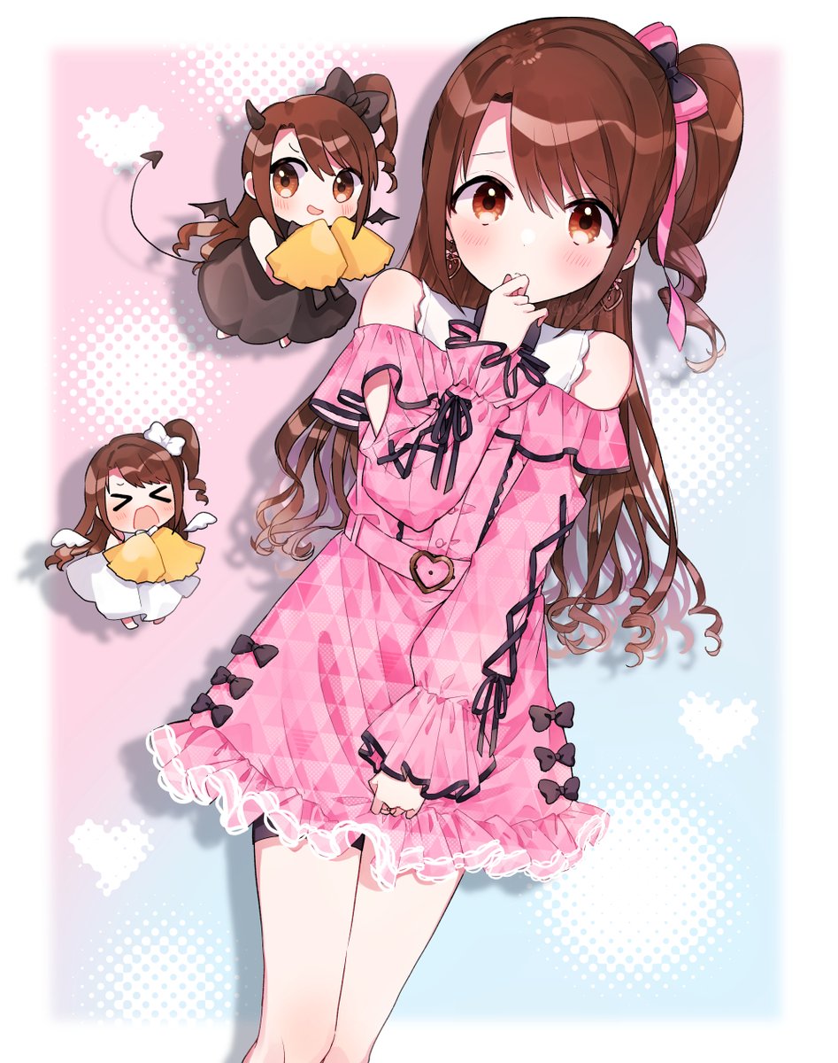 shimamura uzuki brown hair dress demon tail tail heart earrings 1girl pink dress  illustration images