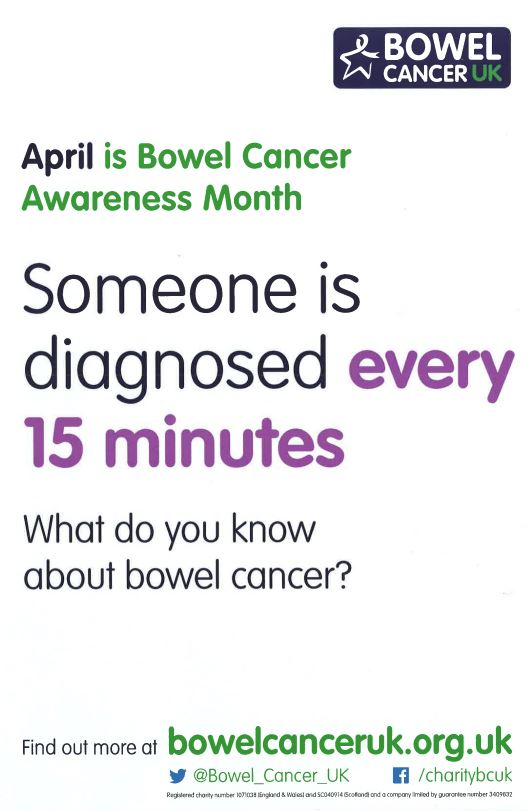 HealthySoT's tweet photo. April is Bowel Cancer Awareness Month! How much do you know about Bowel Cancer? https://t.co/oVAtWOEhjv
For more details about North Staffs Bowel Cancer Screening Programme: 
• North Staffordshire BCSO  01782 676643
• Email https://t.co/M19I3Sitze
• Twitter: 
@NorthStaffsBCSP https://t.co/JVpDisE0JO