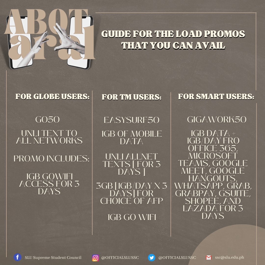OfficialSLUSSC's tweet photo. 📣 Re-opening of SLU-SSC AbotAral 3.0 📣

If you have any difficulties with your internet connection we hope to be of assistance, please find the details below and we wish you luck. Kaya mo 'to Luwisyano!

(The Abot-Aral Campaign will be open once again from April 1-19, 2022) https://t.co/dIr8tfFdZi