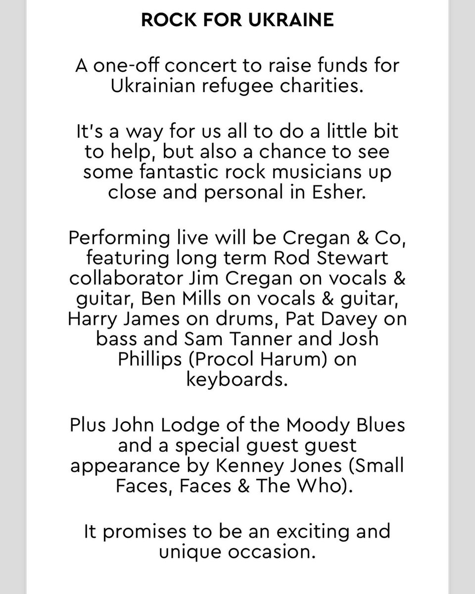 ShamusWilde's tweet photo. Please come and support the people of Ukraine by buying a ticket to this one off show, special guests include John Lodge (The Moody Blues), Kenney Jones ( The Who, Faces) and Josh Phillips (Procolharum). It’s a small gesture of love to those who have lost everything. 
Link in bio https://t.co/xDBKBw3vVE