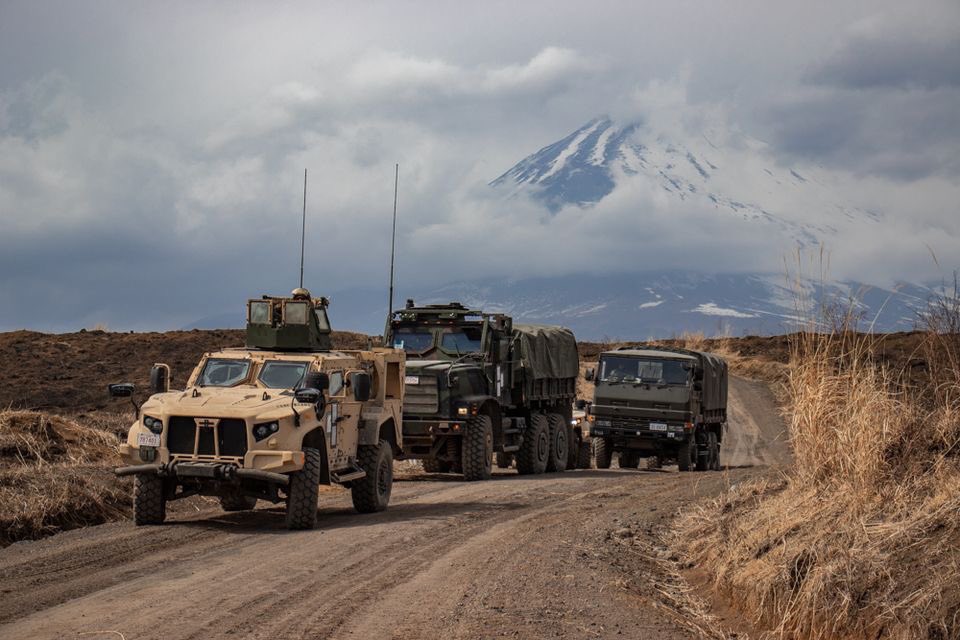 Integrated Convoy U.S. Marines with CLB 31, 31st MEU, and Japanese soldiers with the 1st Amphibious Rapid Deployment Regiment conduct a convoy on Combined Arms Training Center Camp Fuji, Shizuoka Prefecture, Japan, Mar. 17, 2022. #ReadyAndCapable #Readiness #Capability