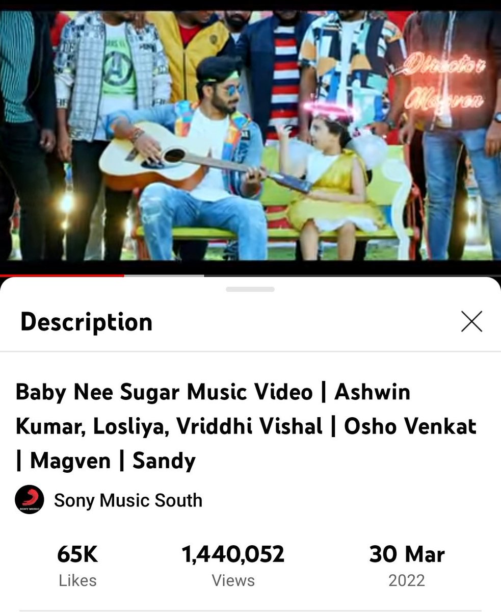 Streaming #babyneesugar song with  @Losliya_Angel_A, @Niranjankrish65 , @queen_liya_ak , @Arul_Amutham , @Alyssa23J1 @JeyabharathiS2 , @cwc2_Ashwin 
Cv: 1,440,052 views 
Time: 16:37 
Come on guys we r nearing to 1.5M views 🔥 
#AshwinKumar #Vriddhi  #Losliya