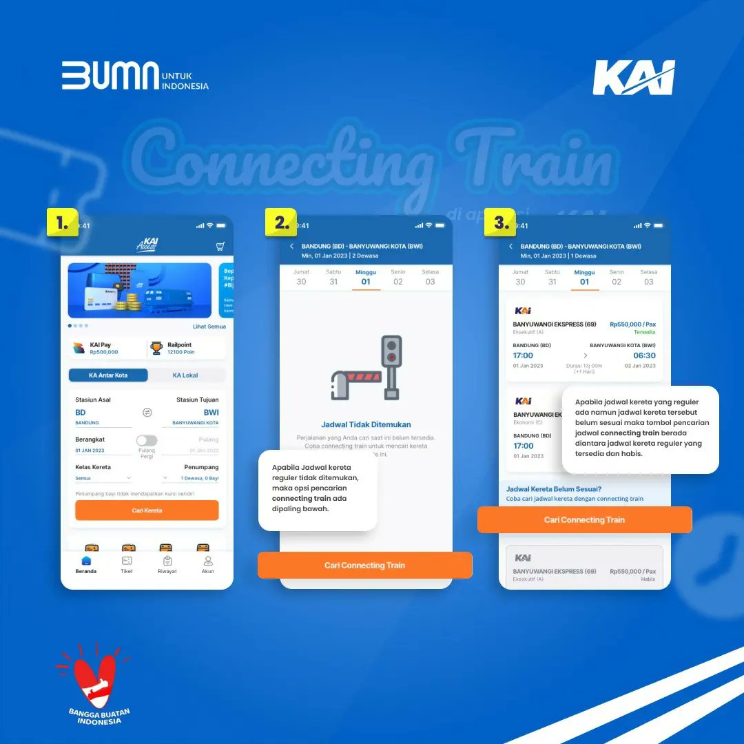 keretaapikita's tweet image. Fitur Connecting Train KAI Access

#Railfriends, manfaatkan fitur baru #KAIAccess connecting train untuk mendapatkan alternatif perjalanan kereta yang kalian mau ke kota tujuan kamu.