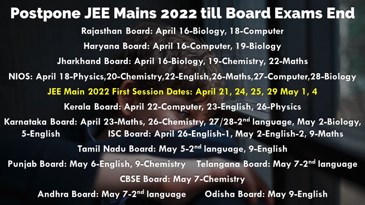 npuspta's tweet photo. Dear @DG_NTA kindly revise #JEEMains2022 time table as it's clashing with many board exams &amp; please provide all candidates with 2 fair opportunities to perform  #PostponeJEEMains2022  #JEEMainsAfterBoards  #JEEAfterBoards  #JEEAfterBoards2022  #PostponeJEEMain2022
@EduMinOfIndia https://t.co/KwUwePF1Be