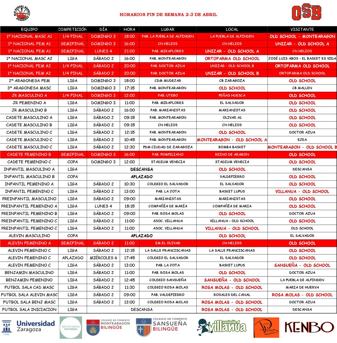 oldSchoolBasket's tweet photo. 🔥OLD SCHOOL WEEKEND🔥
Horarios fin de semana 2 y 3 de abril. Interesante jornada con títulos de liga en juego. Suerte Oldschoolers🏀⚽️.
#finals #oldschoolweekend #letsgoldschool #oldschoolfamily #oldschoolspirit https://t.co/WhUTUinsXe