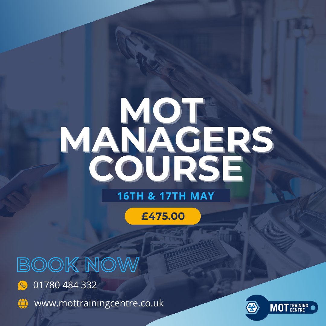 MOT Training Centre (@mottrainingcent) on Twitter photo BOOK NOW! We have spaces left on our MOT Managers Course on Mon 16th and Tues 17th May.
Contact us!
๐ 01780 484332
๐ง bookings@mottrainingcentre.co.uk
๐ mottrainingcentre.co.uk
#mottraining #mottrainingcentre #stamford #managers #motmanagers BOOK NOW! We have spaces left on our MOT Managers Course on Mon 16th and Tues 17th May.
Contact us!
๐ 01780 484332
๐ง bookings@mottrainingcentre.co.uk
๐ mottrainingcentre.co.uk
#mottraining #mottrainingcentre #stamford #managers #motmanagers