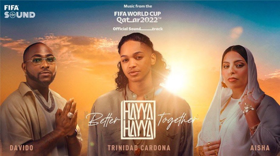 PeninsulaQatar's tweet photo. FIFA reveals first official soundtrack for FIFA World Cup Qatar 2022, Hayya Hayya (Better Together), performed by Cardona, Davido and Aisha

#Qatar2022 #FIFAWorldCup https://t.co/GZHfFDMAfo