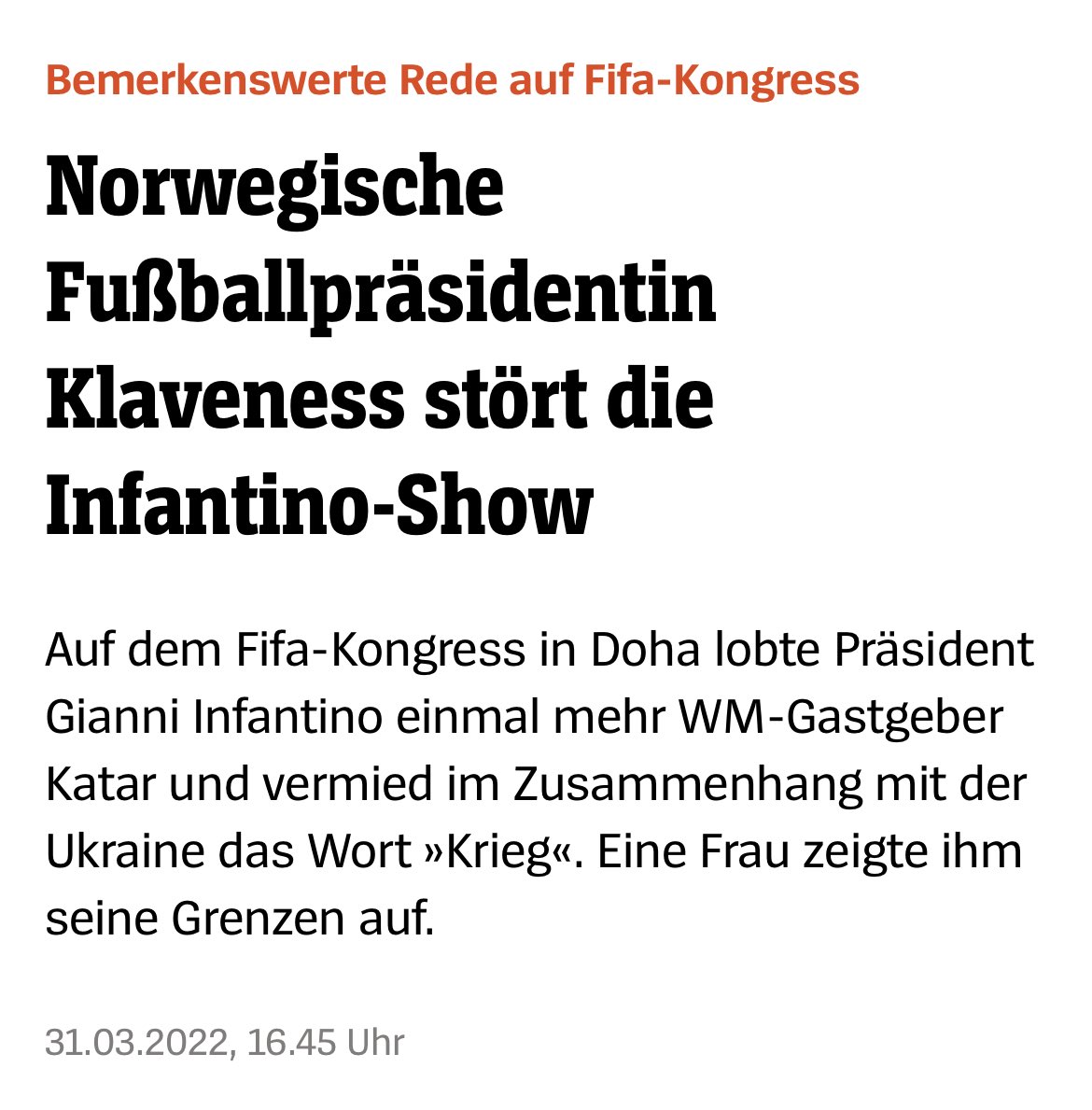 KjOHauge's tweet photo. Der Spiegel:
- en kvinne viste Infantino hvor grensen går!
Heia @Lisekla #klaveness 👊🏽🌟💪🏽
#fifa #likeverd #fotballvm #qatar22 https://t.co/3SqK2lLTuw