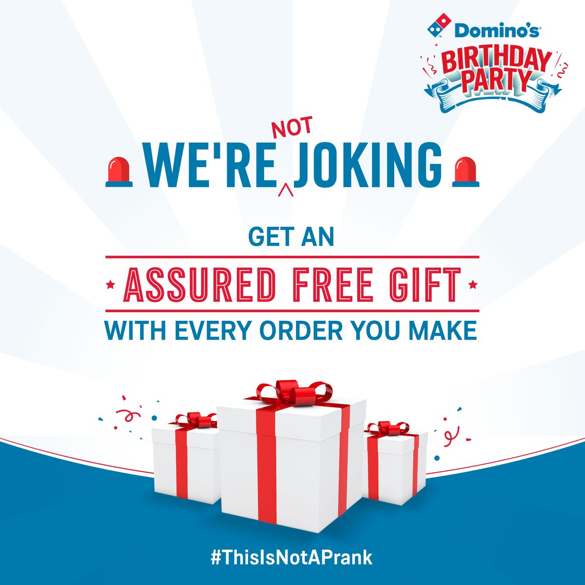 dominos_india's tweet photo. #ThisIsNotAPrank 🤯

Get a surprise free gift with every order you make because it’s our birthday. 🥳

Gifts worth ₹50 Cr. await you! 😎 

Happy #AprilFoolsDay to everyone!  

#DominosBirthdayParty #DominosIndia https://t.co/Os4sQxk8Qc