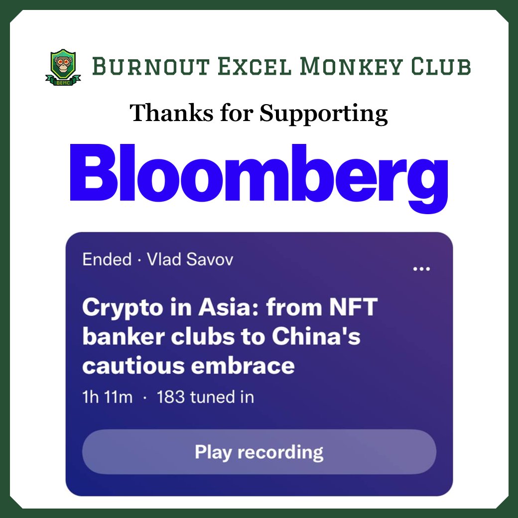 183 tuned in... Probably nothing 👀

1st April - <a href="/Bloomberg/">Bloomberg</a> - Asia’s Crypto Scene (ft. <a href="/BemcDaoOfficial/">Burnout Excel Monkey Club (BEMC)</a>)

Recordings: x.com/vladsavov/stat…

#BEMC #Bloomberg #BridgingTradFiAndCrypto