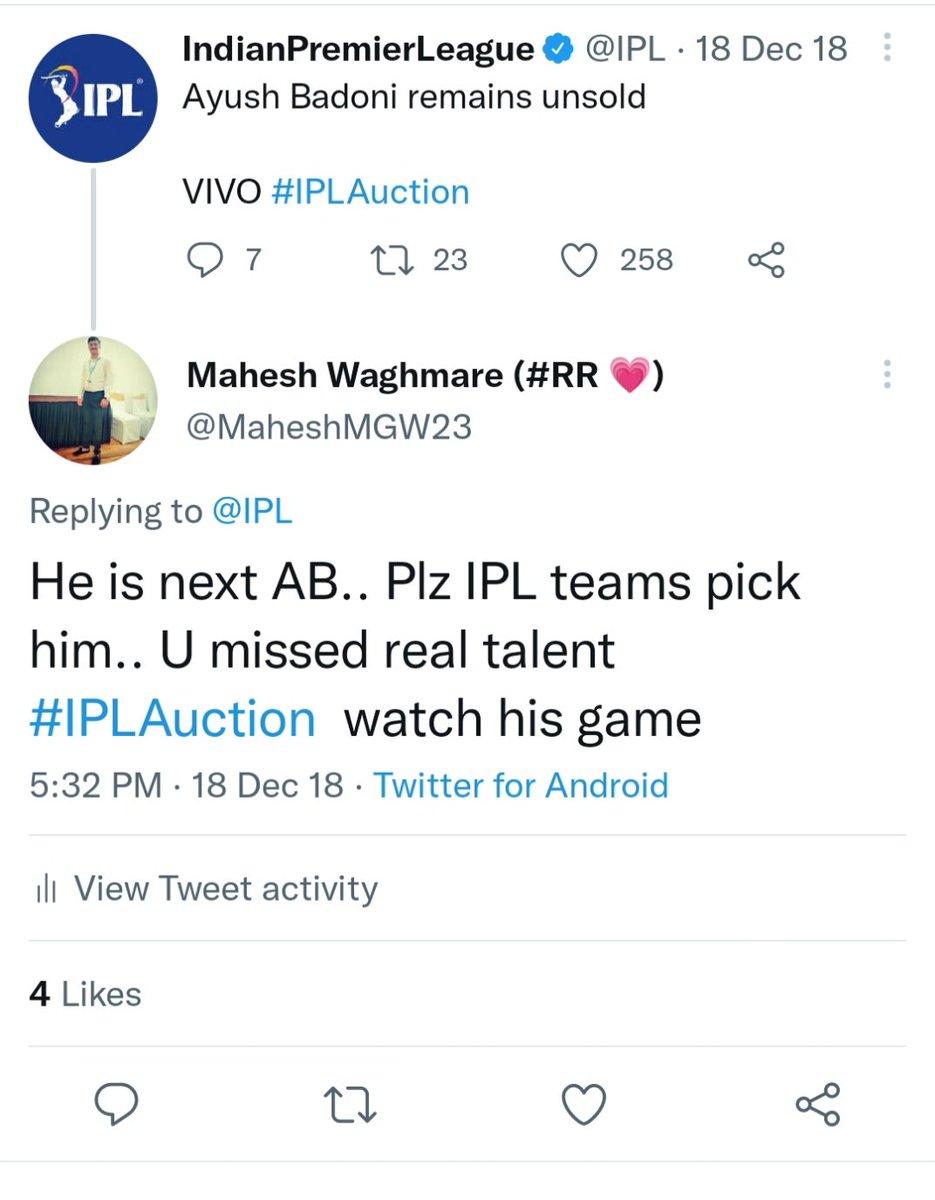 Finally I Got My Old Tweet About #AyushBadoni 
@mufaddal_vohra @LucknowIPL @klrahul11 @GautamGambhir @Shebas_10dulkar @WasimJaffer14