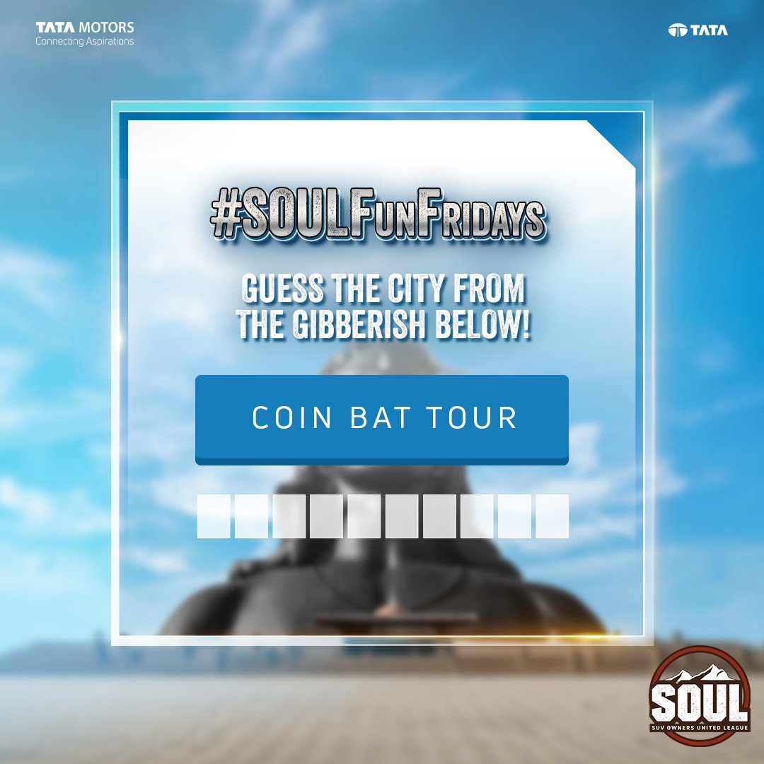 TataMotors_Cars's tweet image. #SOULFunFridays are here to kickstart your weekend in high spirits!
Let’s see if you can guess the Indian city within the puzzle!
Share your answer in the comments below. 🔍

#DriveWithSOUL #WeAreSOUL #ConnectWithSOUL #TataHarrier #AboveAll #Harrier #TataSafari #ReclaimYourLife