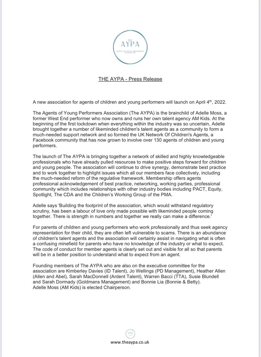 AypaThe's tweet photo. The AYPA press release. 
The Agents of Young Performers Association will launch on Monday April 4th. https://t.co/kynV3Umy9V
