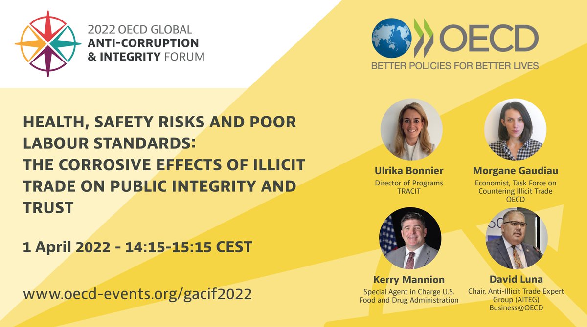 OECDgov's tweet photo. 📢 OECD Global Anti-corruption &amp; Integrity Forum 

🗓️ TODAY, 14:15 CEST  👉 Session will discuss the corrosive effects of #illicittrade on health, safety and the environment, and, ultimately, on public integrity &amp; citizens' #trust.

📺 https://t.co/A0U41gBV0p 
#RenewWithIntegrity https://t.co/mvVngDd6EJ