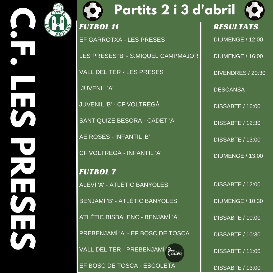 Torna el cap de setmana, i estrenem el mes d'abril. Per tant, torna el futbol i els nostres equips jugaràn tots, a excepció del juvenil 'A' que descansa. 🔥

Aquí teniu els partits del cap de setmana del 2 i 3 d'abril. 👍

Hi haurà servei de bar!