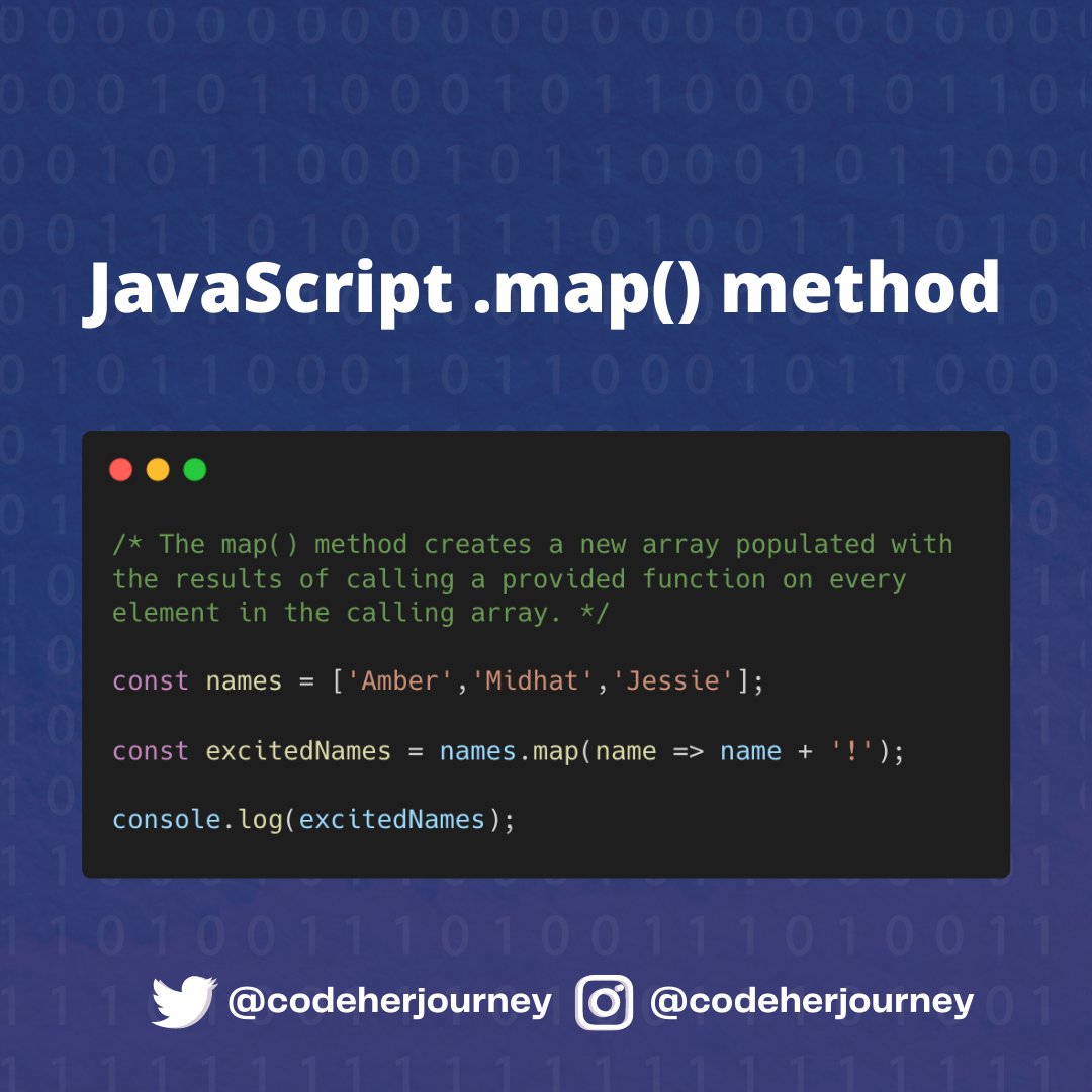 codeherjourney's tweet image. The map() method creates a new array populated with the results of calling a provided function on every element in the calling array. 

What will the code return? 👀

#100Devs
