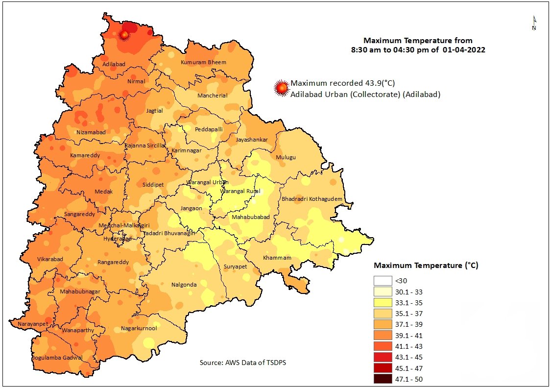 Hyderabadrains's tweet photo. HOT Weather Continues in North,West&amp;South #Telangana, East Telangana Slightly Cool.

👉#Adilabad Urban:43.9°C
👉Bhoraj(Adilabad):43.7°C
👉#Chaprala(Adilabad):43.6°C
👉Jainad(Adilabad):43.4°C
👉#Nizamabad North:42.9°C

#heatwave #Summer https://t.co/3g06fUKZlr