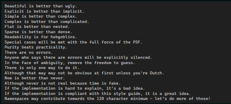 PythonDiscord's tweet photo. Our new Python Style Guide includes a revised Zen of Python that releases us from the burden of having to format our code. It's based on the collective experience of our community. See: https://t.co/Zj6haRp9sJ

Expect a PR for PEP 9001 soon, @ThePSF. https://t.co/M8E46ESEwF