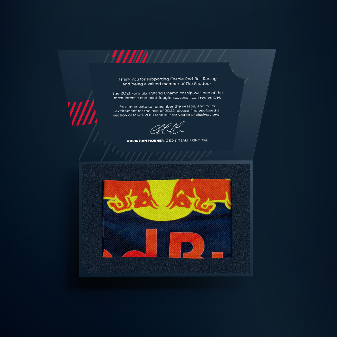 Oracle Red Bull Racing Cut From The Cloth Of A Champion Your Chance To Own A Piece Of Max S Race Suit From The 21 Season Head To The