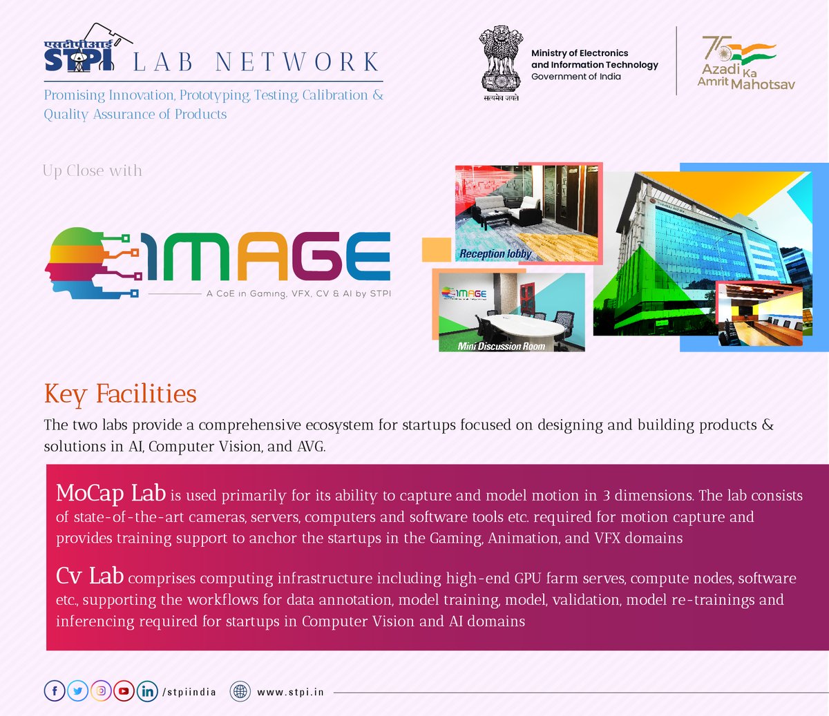 stpiindia's tweet photo. #STPIIMAGE is equipped with two labs such as MoCap Lab & CV Lab to enable startups focused on #AI, #ComputerVision, Gaming, Animation & VFX to develop ground-breaking products, test the quality of products in the labs, and launch quickly in the market. #STPIINDIA https://t.co/7IScjLKBNe