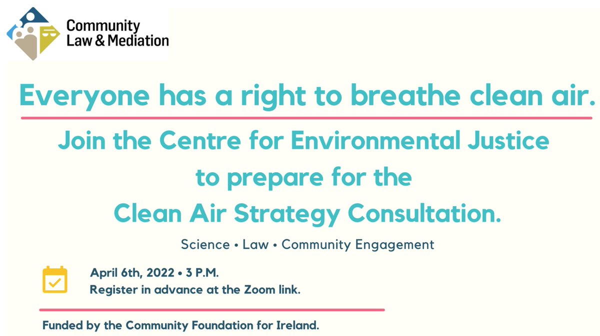 The aim of this webinar hosted by <a href="/CLMirl/">Community Law & Mediation (CLM)</a> is to help citizens/organisations prepare for the Government's Clean Air Strategy Consultation (deadline 3rd May). 
 
Please register for the event here:
us02web.zoom.us/webinar/regist… 

and feel free to circulate this invite with your networks.