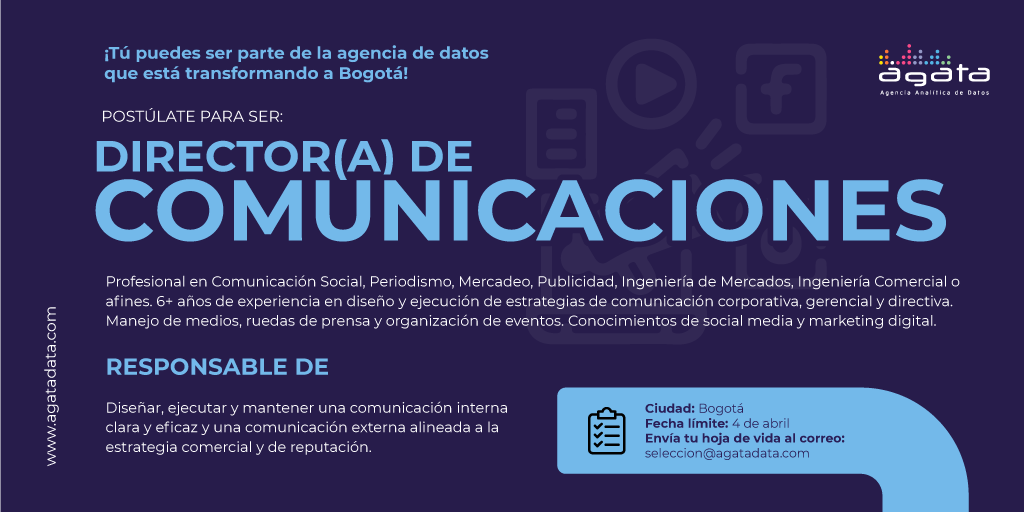 agatadata's tweet photo. En Ágata buscamos el mejor talento para transformar a Bogotá con datos. ¡Postúlate y acompáñanos! #WeLiveData https://t.co/WhYuPlvaqG