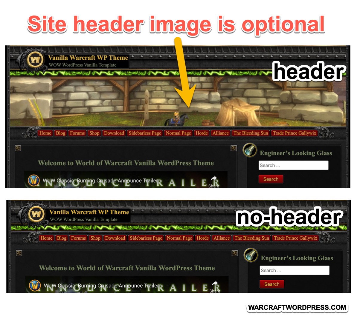 WarcraftWP's tweet photo. Header Image - WOW Vanilla WordPress theme 👉 https://t.co/mJyp9fP2yc comes with Header image option. Simply upload any image in admin panel
#Warcraft #WOWclassic #GamerBlogger #TwitchBlogger #YouTuberBlogger #StreamerBlogger #mmorpg #Wordpress https://t.co/NZ5tBpWagT