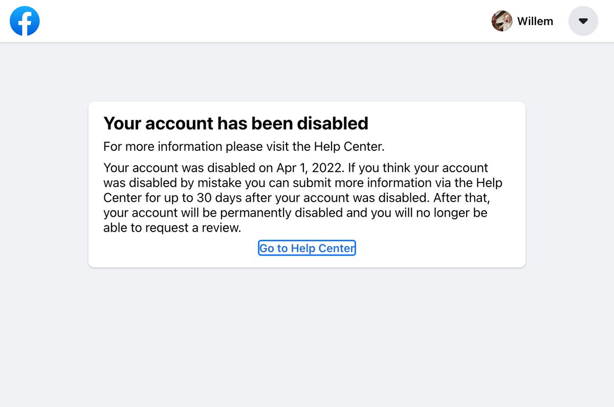 WillemStaels's tweet photo. FB account gone all of a sudden this morning without warning, impossible to restore due to 'violation of Facebook Community Standards... @Meta @facebookapp #FacebookDisabled ? https://t.co/SralN3Ozl5