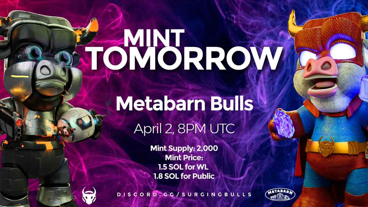 📢 $120 (1 $SOL) Giveaway with Surging Bulls! 

🐂 An NFT, P2E, &amp; staking ecosystem taking #Solana by the horns!
📅 Minting this April 2nd at 21h30 UTC
 
✅ ❤️ RT &amp; Tag 2 Friends
✅ Follow <a href="/SurgingBulls/">Surging Bulls™️ - Sold Out- Staking Live</a> &amp; <a href="/MintOfTheDay/">Nico</a>🔔

⏰ 1 winner - 24h!

#SolanaGiveaway #NOTIGANG