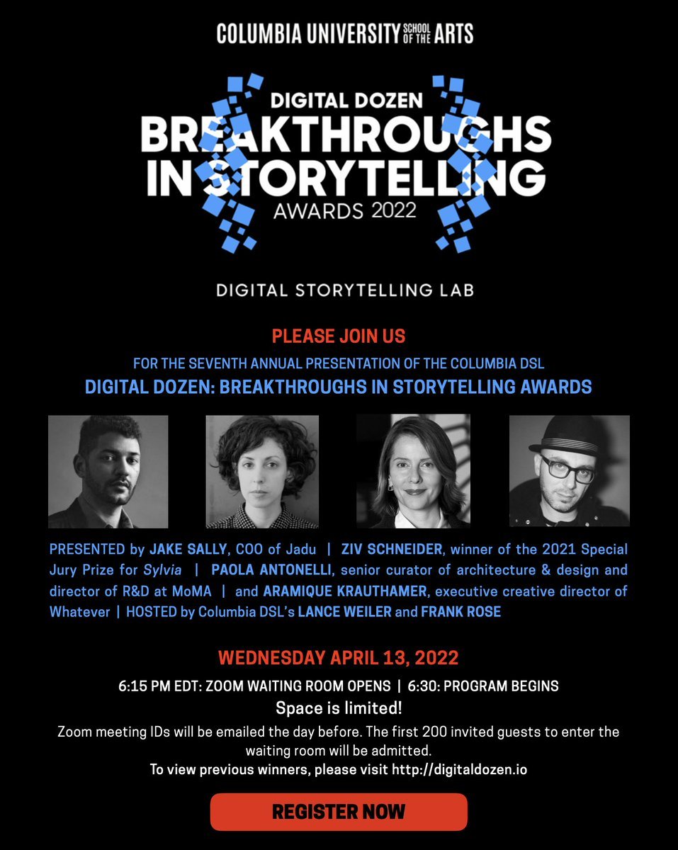 Join us for the 7th edition of <a href="/ColumbiaDSL/">ColumbiaDSL</a>'s Digital Dozen Breakthrough in Storytelling Awards! We're celebrating 12 innovative works exploring new forms &amp; functions of storytelling. Wed., April 13th at 6:15pm EDT. RSVP space is limited 👉form.typeform.com/to/ODtwyqnm #AI #VR #AR