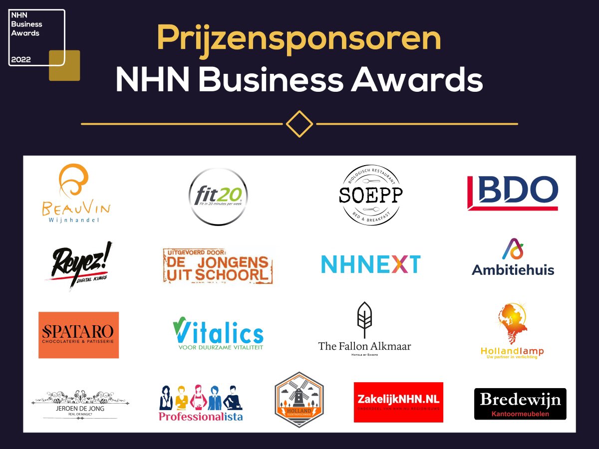 NHNAwards's tweet photo. De 12 finalisten van de NHN Business Awards 2022 gaan allemaal met een prachtig prijzenpakket naar huis, dankzij onze prijzensponsoren. Benieuwd naar de prijzen? Kijk op onze website en nomineer daar gelijk jouw favoriete bedrijf! https://t.co/cRyR9xP9xW https://t.co/zb2kfdQo1F