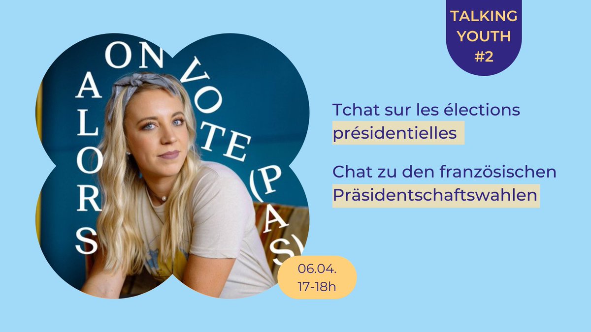 TCHAT | 💬 Imaginez qu'il y ait des élections et que personne n'y aille ! Mais comment inciter les #jeunes à voter ?🗳️Participez à notre discussion avec des jeunes de toute l'Europe, le 6 avril dès 17h ! ofaj.org/alors-on-vote-… #Presidentielles
