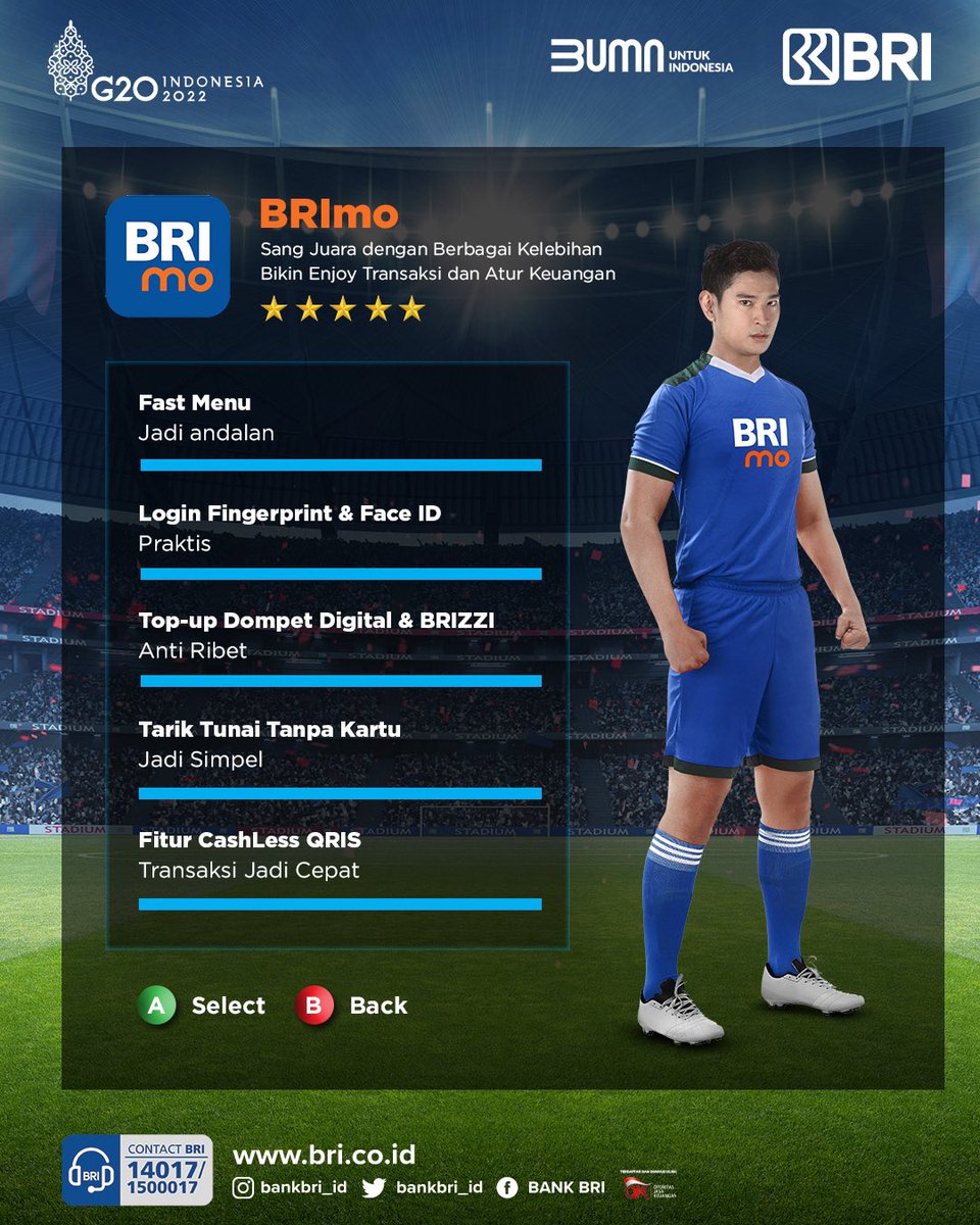 BRI Liga 1 memang Bali United juaranya, tapi kalau urusan transaksi #BRIMoJuaranya

Fitur Fast Menu, login praktis pake fingerprint/Face ID, dan  belanja online dengan Scan QRIS bikin kamu betah bertransaksi lewat BRIMo.