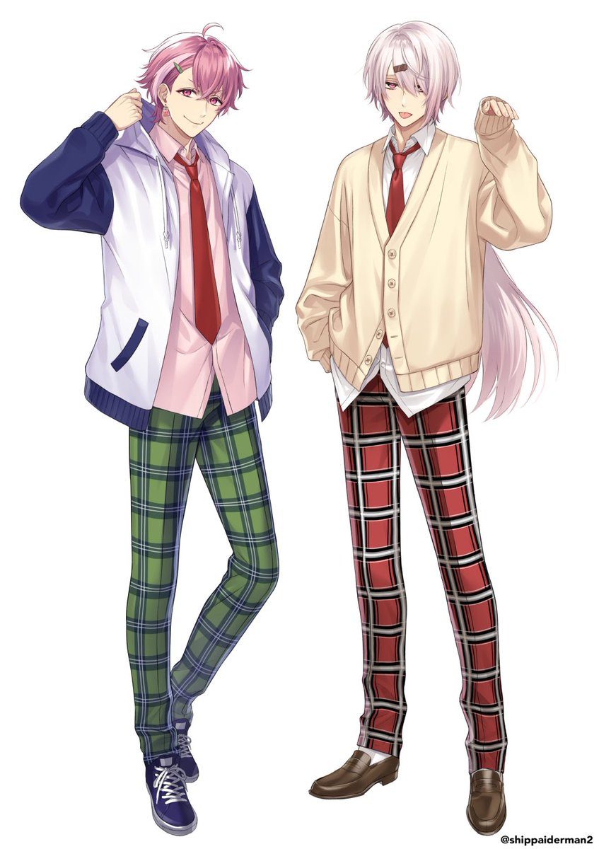 sasaki saku ,shiina yuika genderswap (ftm) multiple boys 2boys genderswap plaid pants pink hair pants  illustration images