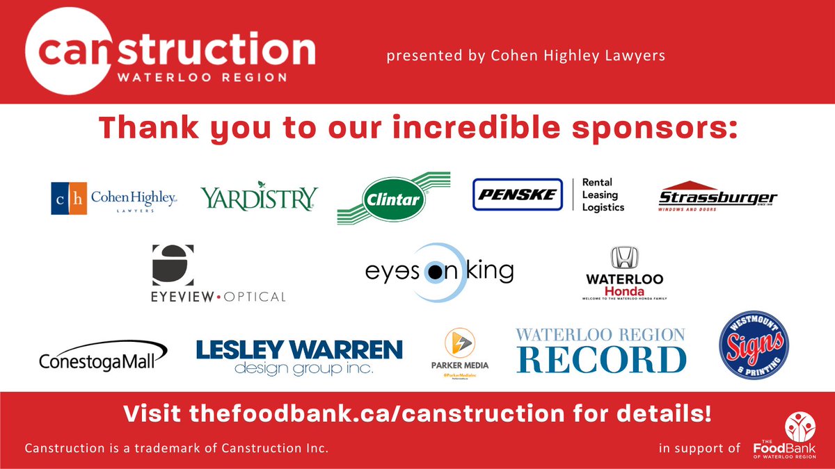 FoodBankWatReg's tweet photo. Final plans are underway for #CanstructionWR and we can't wait to welcome you back to @ConestogaMall! Thank you to the incredible corporate and community partners for sponsoring! Visit: https://t.co/bhgtDhUZC3 to get involved! 
#CanstructionWR #FeedWR #waterlooregion #explorewr https://t.co/uUQvMhQoSW