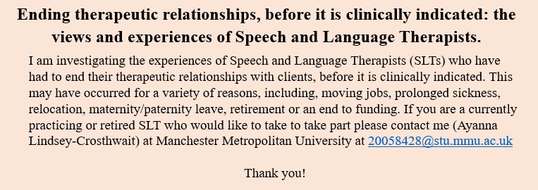 Ayannaslt's tweet photo. Hi!#SLT2B here, researching SLTs’ experiences of ending therapeutic relationships before it’s clinically indicated. Includes virtual interview lasting ~45min. If you are a practicing/retired SLT and would like to take part, please message me/follow link in bio for more info! 1/2 https://t.co/urcIaGEpcz
