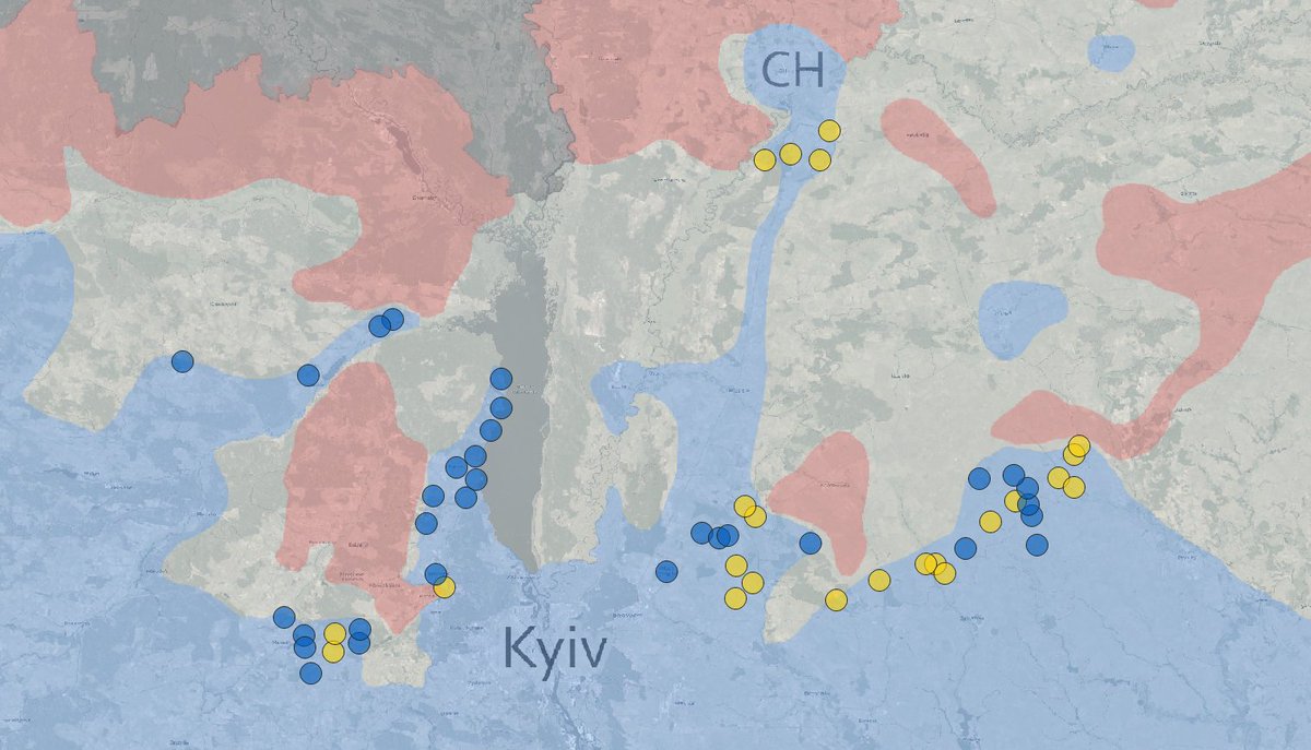 Russian forces around Kyiv are retreating en masse, leaving behind wrecked armour and possibly trapped pockets of troops as the Ukrainian army advances.

This map shows settlements confirmed recaptured today (blue) and yesterday (yellow).

The siege of Chernihiv is also lifted.