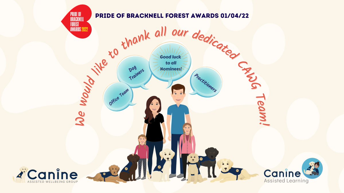 Thank you to our close knit team, dedicated to the service we provide and without whom we would not have been nominated. Thanks to our customers and key suppliers. Good luck to all nominees and enjoy the evening! #PoBFA <a href="/PoBFA/">Pride of Bracknell Forest Awards</a> #animalassistedinterventions #canineassistedtherapy