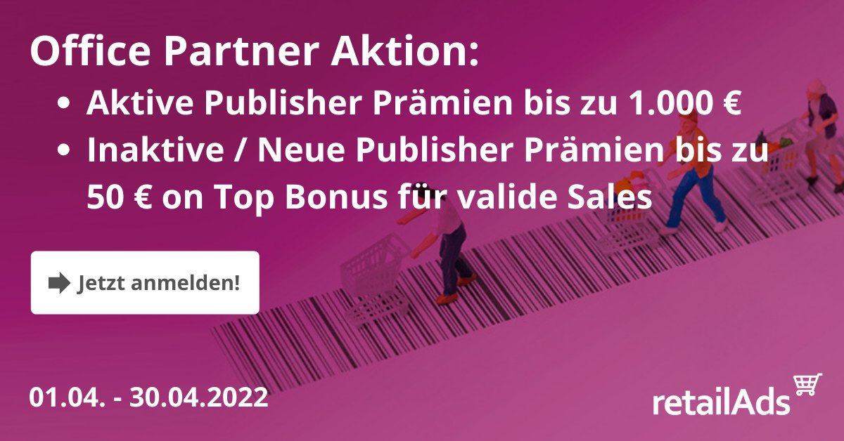 📣 Aufgepasst: Sales Rallye zum 25. jährigem Jubiläum von <a href="/Office_Partner/">Office Partner GmbH</a> mit tollen Prämien 🔥
 
Alle Informationen zur Anmeldung und den Teilnahmebedingungen findest du unter: bit.ly/3LIRPDJ
 
#retailAds wünscht viel Erfolg bei der Vermarktung!😀👍