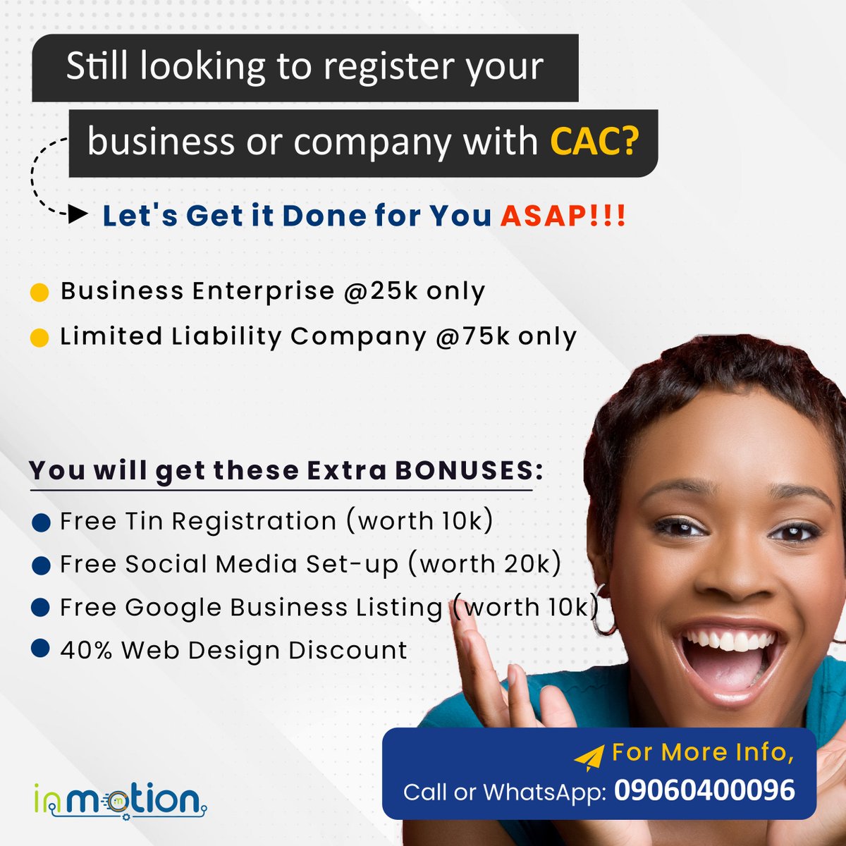 ValidProfits's tweet image. Register your Business with CAC Today at Inmotion ict hub.
call the number on the banner 👇👇👇
#HELPHASCOME 
#DejoTunfulu
