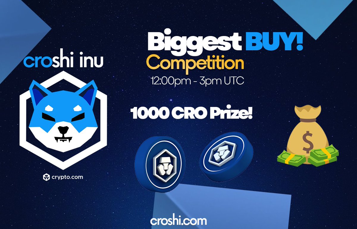 CroshiInu's tweet photo. 💸$CROSHI BIGGEST BUY COMPETITION

Rules:
1) Biggest single buyer in the 3 hour window wins
2) Must hold for 6 hours after purchase

Winner announced after 9pm UTC

#croshi #cro #crommunity #cronos https://t.co/YIK5Fftu1Q