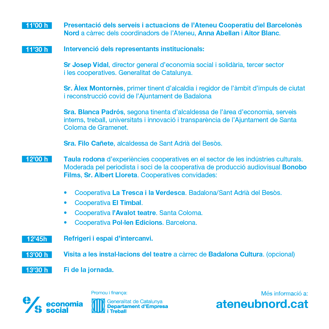 AteneuBNord's tweet image. Dissabte 🗓️ 9/4/2022 - 11h - Teatre Zorrilla
📌 Cita amb el cooperativisme a Badalona
⚙️Presentarem la nova etapa de l'Ateneu i el nou cercle de cultura.
⚙️Taula rodona sobre cooperativisme i cultura
⚙️Comptarem amb @josep_vidal Dir.Gral @econ_socialcat 
ateneubnord.cat/agenda/present…